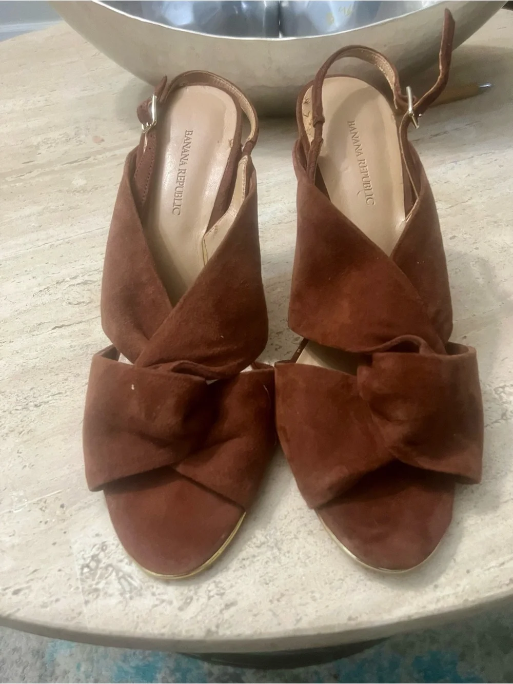 Brown Suede Knot Slingback Heels